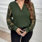 Plus-size Womens Soft Ribbed Panel Sheer Embroidered Sunflower Blouse