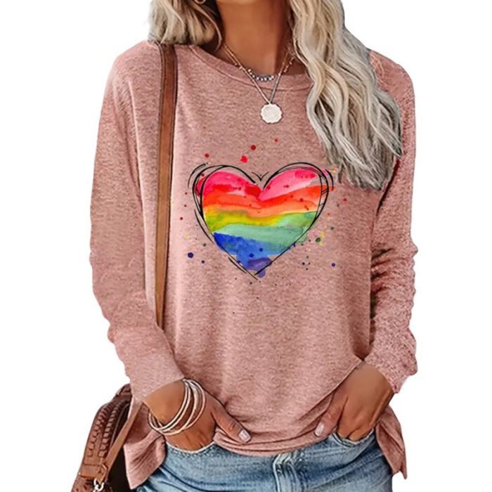 Gradient Color Long Sleeve Loose Fitting Casual Top With A Round Neck And A Heart Print - Image 2