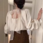 Womens Solid-Color V-Neck Backless Tie-Up Bow Loose All-Match Top - Image 3