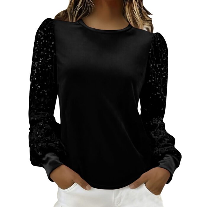 Velvet Crew-Neck Sequin-Patchwork Long-Sleeve T-Shirt Top - Image 6