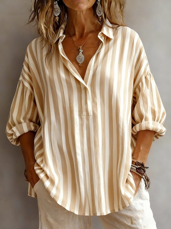 Womens Loose-fitting Striped Long-sleeve Pullover Shirt - Image 6