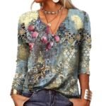Spring Loose Long Sleeve Floral V-neck T-shirt Bottoming Shirt - Image 5