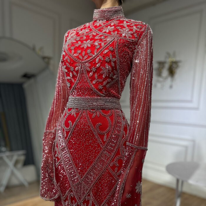 Red High Collar Fishtail Evening Long Dress - Image 5