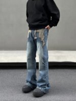 Men's American Retro Flame Totem Washed Straight Leg Jeans - Image 4