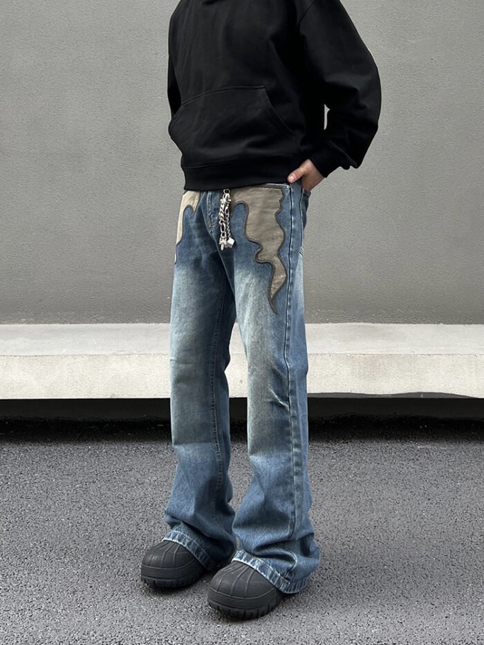 Men's American Retro Flame Totem Washed Straight Leg Jeans - Image 4