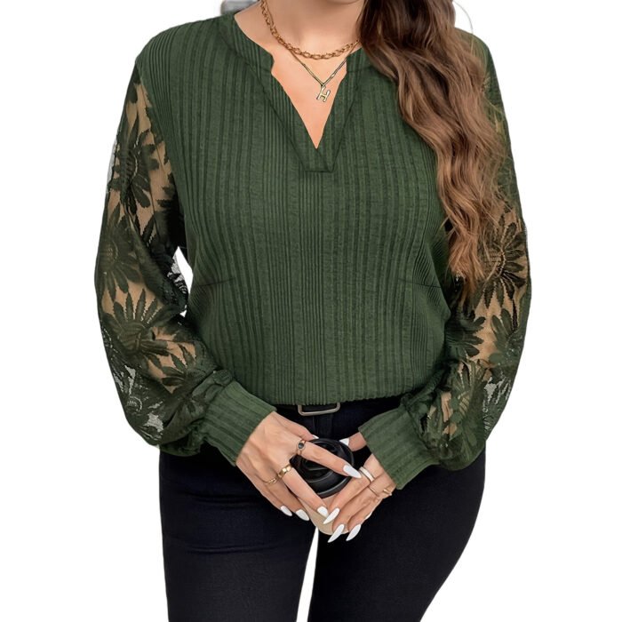 Plus-size Womens Soft Ribbed Panel Sheer Embroidered Sunflower Blouse - Image 2