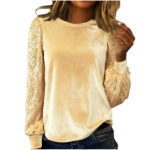 Velvet Crew-Neck Sequin-Patchwork Long-Sleeve T-Shirt Top - Image 2