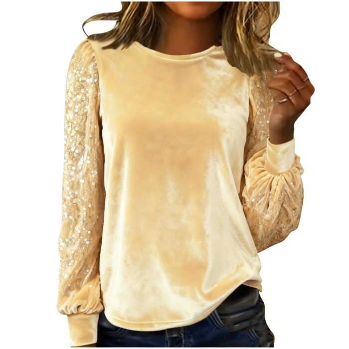 Velvet Crew-Neck Sequin-Patchwork Long-Sleeve T-Shirt Top - Image 2