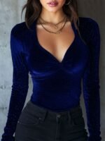 Womens Solid-Color Sequin Slim-fit V-neck Velvet Long-sleeve T-shirt - Image 3