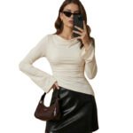 Elegant Long-sleeve T-shirt Solid-color Stretchy Base Top - Image 4