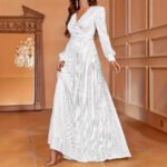 Elegant Dinner Sequined Long Sleeve V-neck High Waist Evening Dress