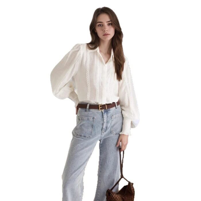 Lantern Sleeve Lace-trimmed White Blouse - Image 6