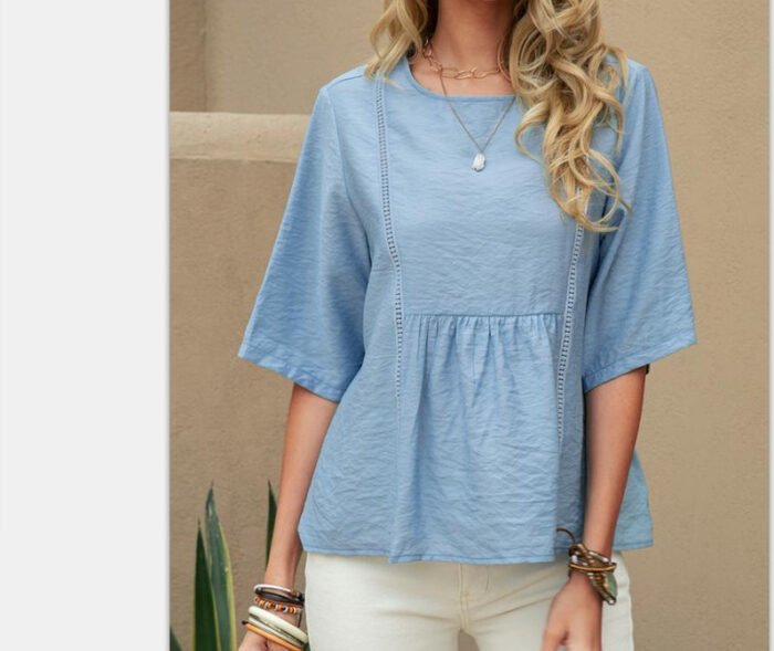 Hollow-Out Womens Cotton-Linen Casual Solid-Color Three-Quarter-Sleeve Shirt - Image 3