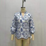 Patterned Stand-up Collar Button-up Top Casual Shirt - Image 5