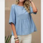 Hollow-Out Womens Cotton-Linen Casual Solid-Color Three-Quarter-Sleeve Shirt - Image 5