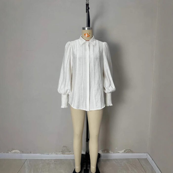 Lantern Sleeve Lace-trimmed White Blouse - Image 2