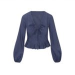 Gentle V-neck Top With Drawstring And Ruffled Hem Detailing - Image 3