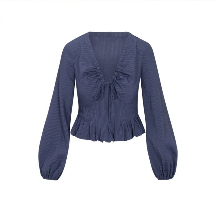 Gentle V-neck Top With Drawstring And Ruffled Hem Detailing - Image 3