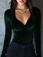 Womens Solid-Color Sequin Slim-fit V-neck Velvet Long-sleeve T-shirt - Image 7