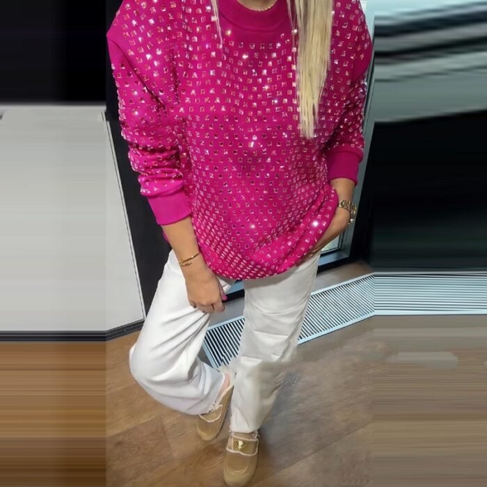 Loose-fitting Long-sleeve Top With Rhinestone Detailing - Image 3