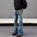 Men's American Retro Flame Totem Washed Straight Leg Jeans