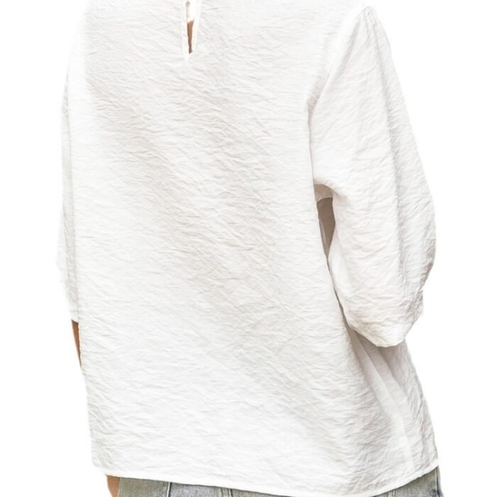 Hollow-Out Womens Cotton-Linen Casual Solid-Color Three-Quarter-Sleeve Shirt - Image 6