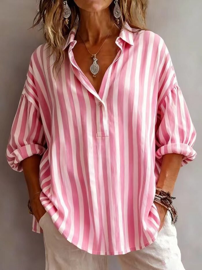 Womens Loose-fitting Striped Long-sleeve Pullover Shirt - Image 9