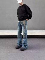 Men's American Retro Flame Totem Washed Straight Leg Jeans - Image 2