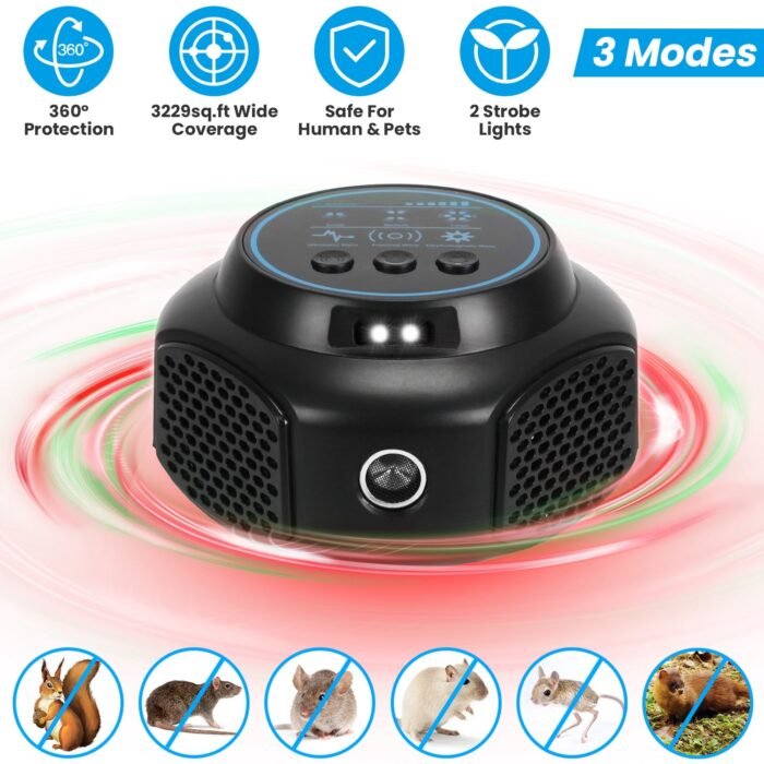 1Pc 360 Degree Ultrasonic Mice Repellent Indoor Rodent Repeller Rat Squirrel Rodent Chaser With 3 Modes 2 Strobe Lights For Kitchen Warehouse - Image 10